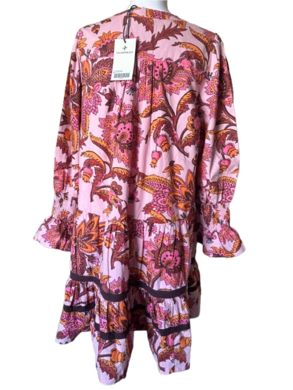 Tuckernuck NWT Pink Paisley Sunset Chintz Kenzo Dress Sz S Babydoll Smocked Cuff - Picture 2 of 10